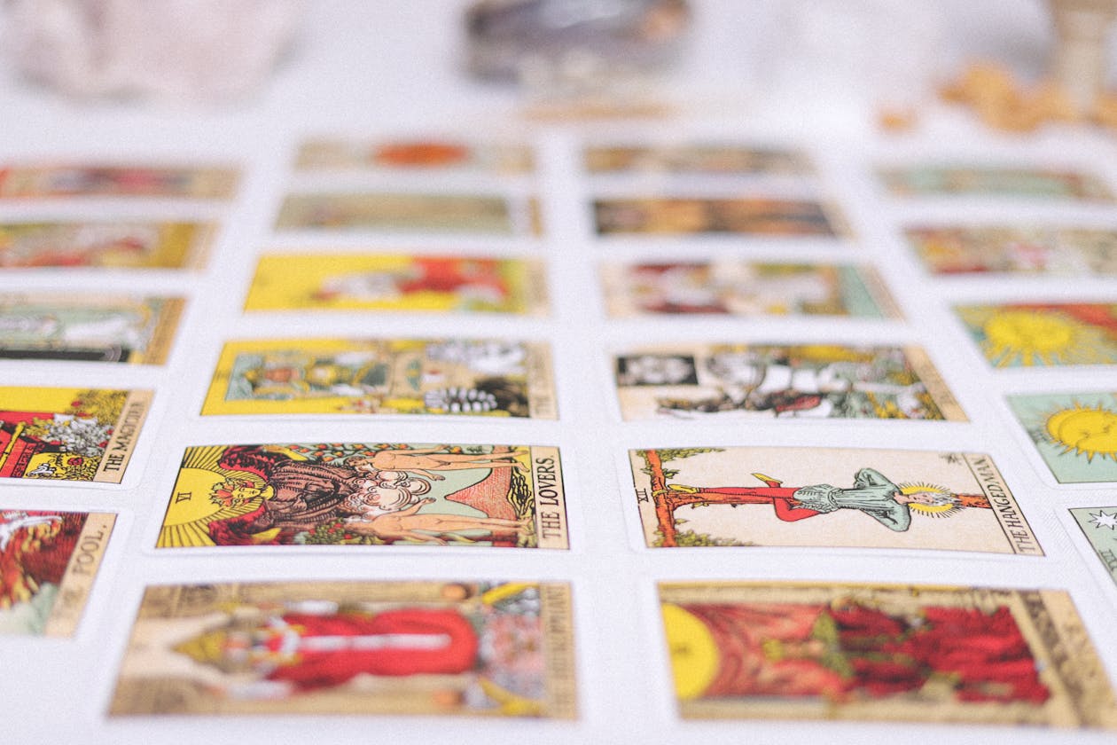 Colorful spread of tarot cards laid out for a pareidolia-based reading using the Rider-Waite deck